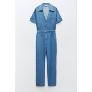 Zara Medium Wash Denim Jumpsuit Button Up Short Sleeve V-Neck Size Small